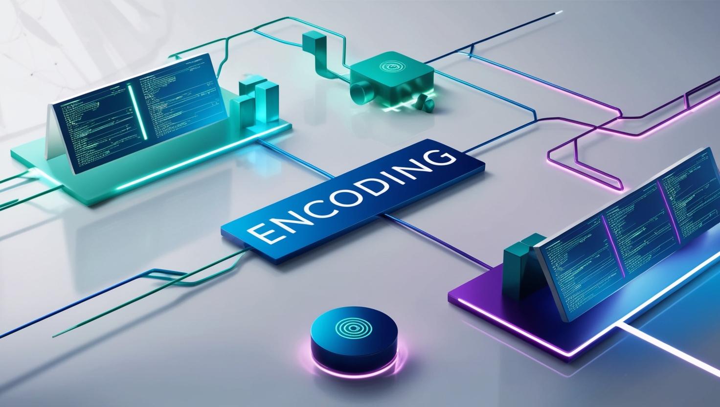 Na obrázku je znázornený proces encodingu. Ide o konverziu údajov z jedného formátu do iného. Na obrázku sú sieťami pospájané monitory.